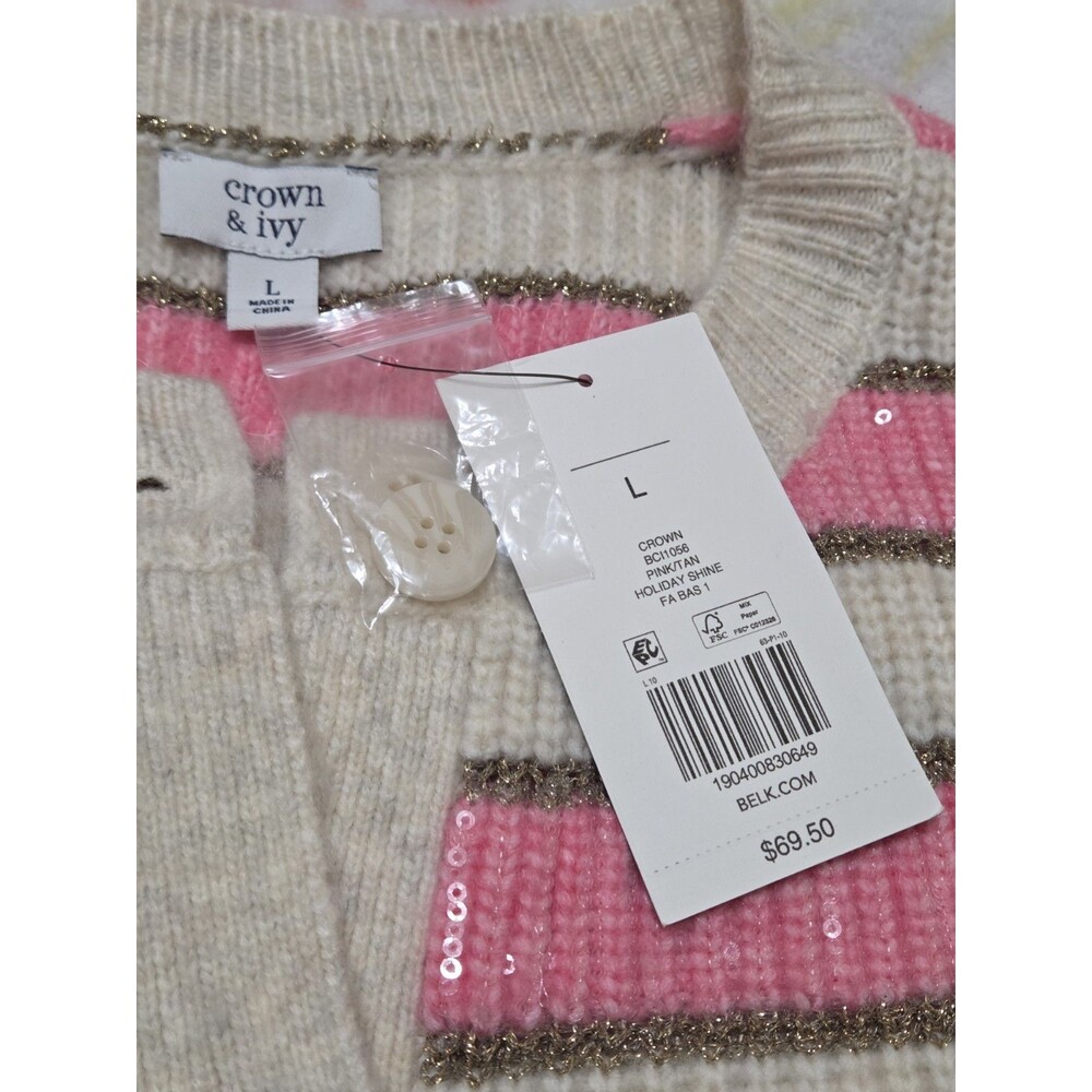 Crown & Ivy Women's Stripe Shine Sequin Cardigan Large Pink Tan Gold NWT S.1 - Picture 7 of 9
